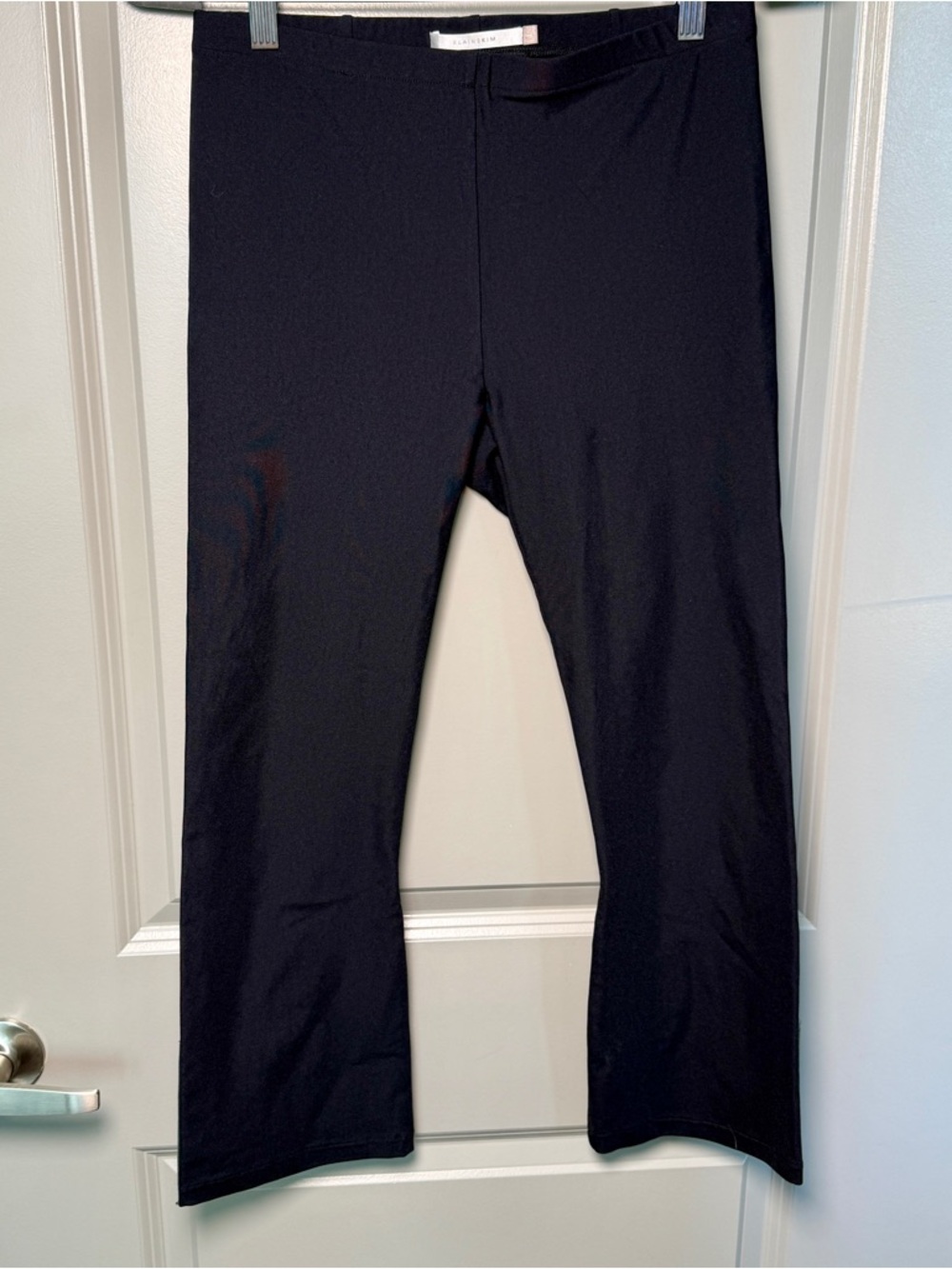 Elaine Kim Black Flare Pants | Leather Trim Tab Minimalist | Sz L | Made in USA